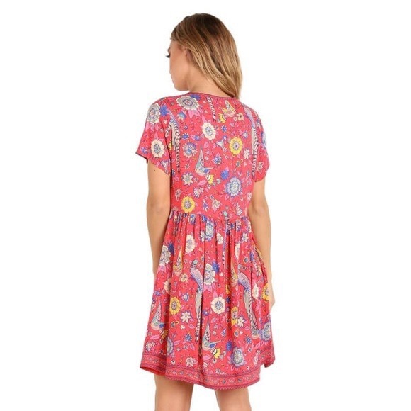 R. Vivimos Floral Peacock Boho Style Short sleeve Dress - Picture 2 of 12
